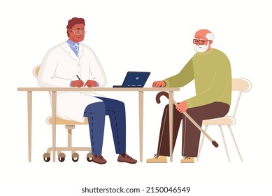 Reception of geriatric doctor, therapist, narrow specialist. Elderly man sought medical help. Physician consults patient, diagnoses, prescribes treatment. Vector characters flat cartoon illustration.