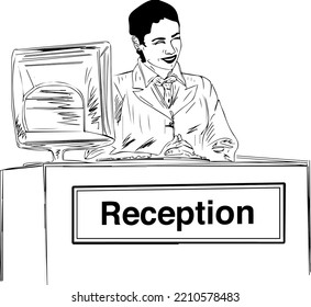 Reception Girl Line Art Vector Illustration, Female Receptionist Cartoon Doodle Drawing, Hospitality And Reception Sketch Drawing Silhouette