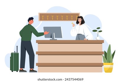 Reception hall concept. Recepionist with client in hotel. Tourism and traveller. Booking room for holiday and vacation. Cartoon flat vector illustration isolated on white background