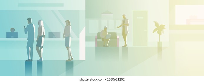 Reception In Hospital Flat Vector Illustration. Patients Visitors Standing At Registration Desk In Hall Medical Clinic Interior Collection.