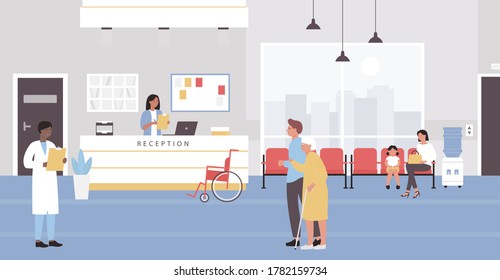 Reception hospital room flat vector illustration. Cartoon patient characters, hospitalized persons wait medical consultation in doctors clinic receptionist waiting hall. Healthcare medicine background