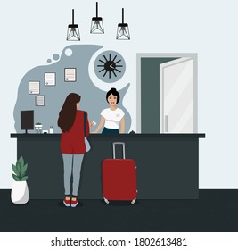 Reception, hotel administrator.  A female character with a suitcase is checked in at the hotel. Vector illustration.