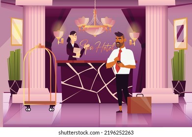 Reception hotel concept with people scene in the background cartoon style. Man near reception plans to book a hotel room. Vector illustration.