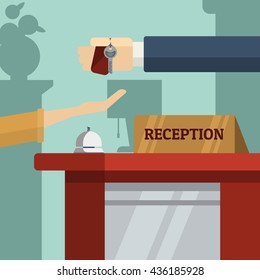 Reception in hotel. Customer at reception, accommodation in hotel. Key at the reception. Vector flat design illustration