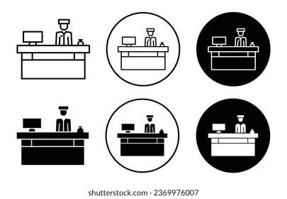 reception in the hotel icon. Hotel accommodation and management service at hotel room symbol set. Reception counter with receptionist staff in hotel to receive tourist and serve vector sign.