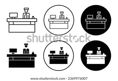 reception in the hotel icon. Hotel accommodation and management service at hotel room symbol set. Reception counter with receptionist staff in hotel to receive tourist and serve vector sign.