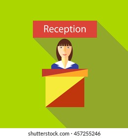 Reception in hotel icon in flat style with long shadow. Meeting guests symbol