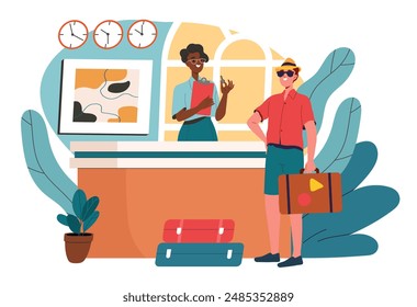 Reception at hotel. Man with suitcase talks to receptionist. Tourist with holiday and vacation. Business travel and trip. Booking and reservation of room. Flat vector illustration