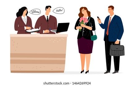 Reception in hotel. People doing check in. Vector receptionist man, travel service hall illustration