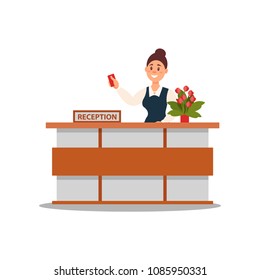 Reception of hotel. Smiling woman standing behind desk and extending hand with key card. Flat vector design