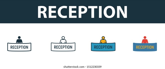 Reception icon set. Four elements in diferent styles from tourism icons collection. Creative reception icons filled, outline, colored and flat symbols.