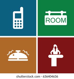 Reception icons set. set of 4 reception filled icons such as airport desk, phone, room tag