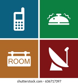 Reception icons set. set of 4 reception filled icons such as phone, room tag, bell