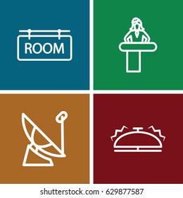 Reception icons set. set of 4 reception outline icons such as airport desk, room tag, bell