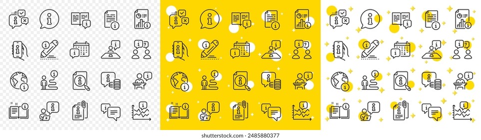 Información de recepción, Trayectoria, Guía de viaje. Iconos de línea de centro de información. Centro de llamadas, Faq chat bubbles, Info ayuda iconos. Signo de interrogación, información de Búsqueda y servicio de ayuda al Cliente. Vector