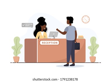 Reception interior. African woman receptionist and man with briefcase at reception desk. Hotel booking, clinic, airport registration, bank or office reception concept. Cartoon flat vector illustration