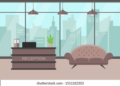 Reception interior with big window, city veiw, furniture and plant. Vector illustration.
 Interior vector illustration.
