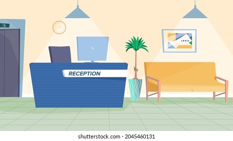 Reception interior concept in flat cartoon design. Waiting hall lobby with table with computer, sofa for visitors, paintings and decor, elevator door. Vector illustration horizontal background
