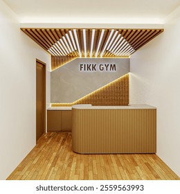 The reception interior has a minimalist concept and lots of wood materials