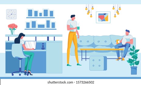 Reception Interior with Workers Having Break and Drinking Tea or Coffee Flat Cartoon Vector Illustration. Woman Sitting at Desk or Counter Working on Laptop. Man Sitting on Sofa or Couch.