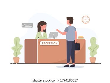 Reception Interior. Young Woman Receptionist And Man With Briefcase At Reception Desk. Hotel Booking, Clinic, Airport Registration, Bank Or Office Reception Concept. Cartoon Flat Vector Illustration.