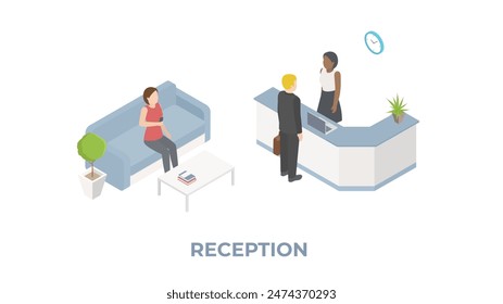 Reception isometric illustration. Waiting area in an office, clinic, bank or institution with receptionist.