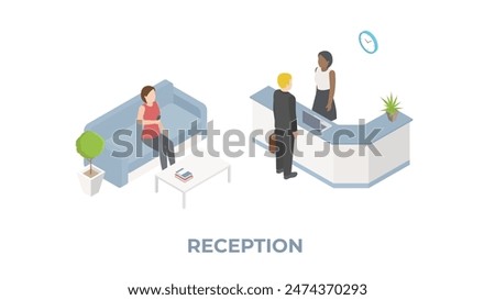 Reception isometric illustration. Waiting area in an office, clinic, bank or institution with receptionist.