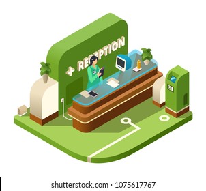 Reception isometric vector illustration of modern hospital or medical clinic reception interior in cross section. Isometric receptionist woman at table desk of hotel, hostel or resort