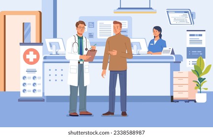 Ilustración vectorial plana del centro médico de recepción. médico hablando con el paciente. Interior de la sala de espera del hospital. Concepto de salud y medicina