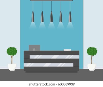 Reception in modern office. Business office, clinic or hotel interior in blue colors with flowers and reception desk. Interior lobby or waiting room inside building. Vector illustration in flat style.