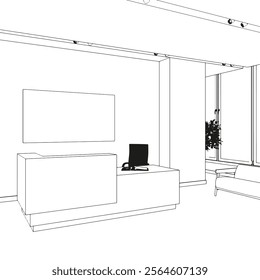 Reception in the office interior. Graphic black white sketch illustration vector. Bank, hospital, clinic.