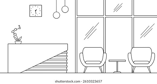 Reception in the office room graphic black white interior sketch illustration vector 