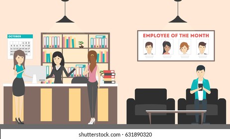 Reception at office. Visitors talk with receptionist.