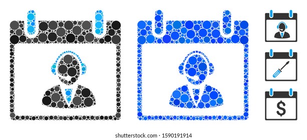 Reception operator calendar day composition of circle elements in various sizes and color tints, based on reception operator calendar day icon. Vector circle elements are united into blue collage.