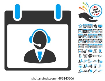 Reception Operator Calendar Day icon with bonus calendar and time management symbols. Vector illustration style is flat iconic symbols, blue and gray colors, white background.