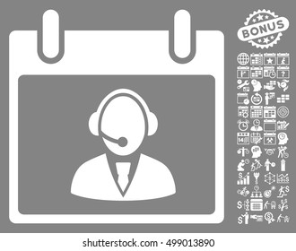 Reception Operator Calendar Day icon with bonus calendar and time management pictograms. Vector illustration style is flat iconic symbols, white, gray background.