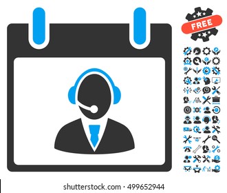 Reception Operator Calendar Day icon with bonus service pictures. Vector illustration style is flat iconic symbols, blue and gray, white background.