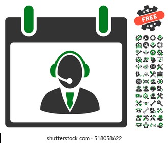 Reception Operator Calendar Day icon with bonus service icon set. Vector illustration style is flat iconic symbols, green and gray, white background.