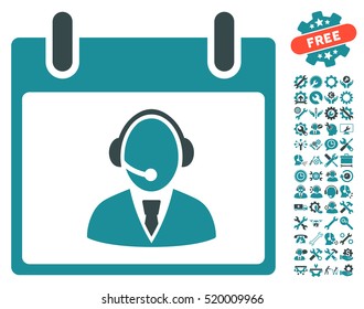 Reception Operator Calendar Day icon with bonus tools symbols. Vector illustration style is flat iconic symbols, soft blue, white background.