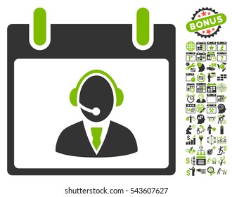 Reception Operator Calendar Day icon with bonus calendar and time management clip art. Vector illustration style is flat iconic symbols, eco green and gray, white background.