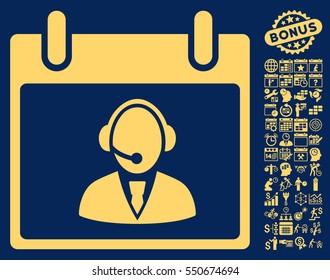 Reception Operator Calendar Day icon with bonus calendar and time management icon set. Vector illustration style is flat iconic symbols, yellow, blue background.
