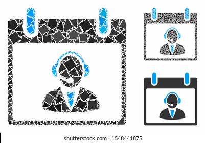 Reception operator calendar day mosaic of ragged pieces in different sizes and color hues, based on reception operator calendar day icon. Vector ragged dots are composed into collage.