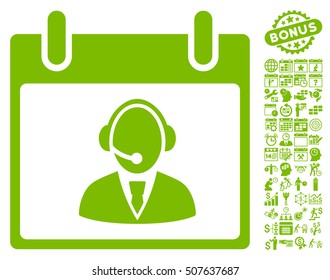 Reception Operator Calendar Day pictograph with bonus calendar and time management graphic icons. Vector illustration style is flat iconic symbols, eco green, white background.