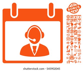 Reception Operator Calendar Day pictograph with bonus calendar and time management design elements. Vector illustration style is flat iconic symbols, orange, white background.