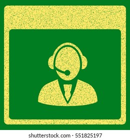 Reception Operator Calendar Page grainy textured icon for overlay watermark stamps. Flat symbol with dirty texture. Dotted vector yellow ink rubber seal stamp with grunge design on a green background.