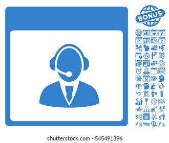 Reception Operator Calendar Page icon with bonus calendar and time management pictures. Vector illustration style is flat iconic symbols, cobalt, white background.