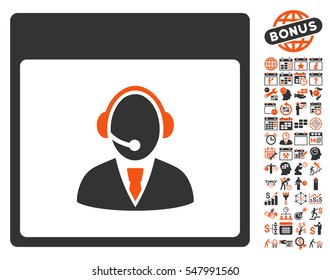 Reception Operator Calendar Page icon with bonus calendar and time management images. Vector illustration style is flat iconic symbols, orange and gray, white background.
