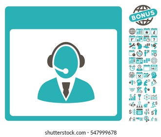 Reception Operator Calendar Page icon with bonus calendar and time management pictures. Vector illustration style is flat iconic symbols, grey and cyan, white background.