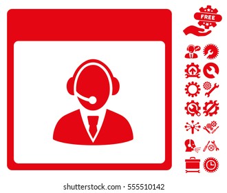 Reception Operator Calendar Page icon with bonus configuration clip art. Vector illustration style is flat iconic symbols, red, white background.