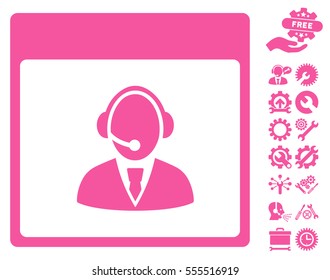Reception Operator Calendar Page icon with bonus tools graphic icons. Vector illustration style is flat iconic symbols, pink, white background.